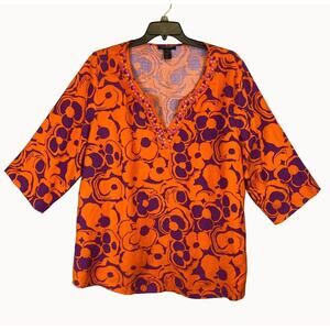 New Ashley Stewart Linen Blend Tunic Top Plus Sz 22 Orange/Purple Floral Beaded